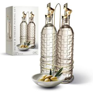 COOK WITH COLOR Glass Olive Oil Bottle Dispenser - 2 Pack- 17oz Oil and Vinegar Cruet - Olive Oil Carafe Decanter for Kitchen, Checkered, Brown