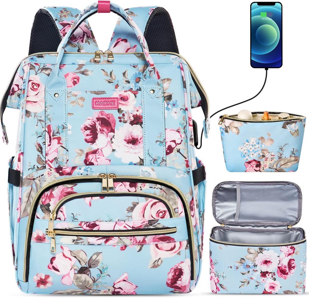 Kaome Lunch Backpack 15.6 Inch Laptop Backpack for Women with USB Port Nurse Gift Teacher Work Backpack Cooler Insulated Lunch Bag Waterproof Daypacks for Work Picnic Travel Anti-theft (Blue Pink)