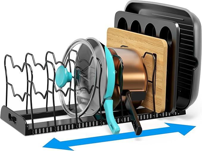 Simple Houseware Expandable Pan Organizer Rack, 6Adjustable Compartments, Black - Kitchen Cabinet Organizer for Pots, Pans, Lids & Bakeware - Pantry & Countertop Storage