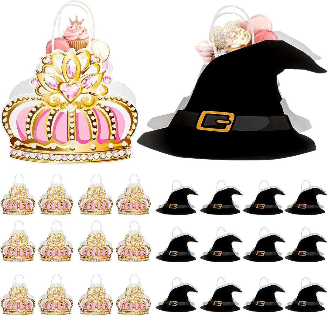 Kolldenn 24 Pcs Princess & Witch Party Favor Bags for Kids, Crown and Hat Goodie Treat Bags with Handles, Pink Green Birthday Party Gift Bag for Candy Toys