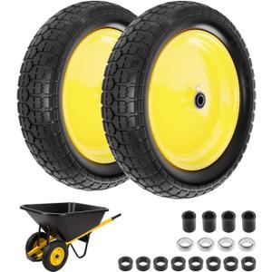 4.80/4.00-8 wheelbarrow tire, 16" Flat Free Solid Tire and Wheel, 3" Centered Hub, 5/8" & 3/4" Bearings, Universal Replacement for Garden Carts Wagon Wheel Barrow, 2 Pack
