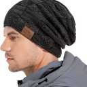 2 x PAGE ONE Mens Winter Slouchy Beanie Warm Fleece Lined Skull Cap Baggy Cable Knit Hat (Green)