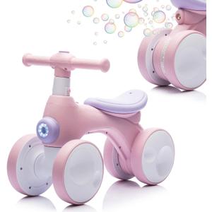 Baby Toddler Balance Bike with Bubble Machine for 1 Year Old Children,4 Wheels Kids Balance Bike w/Bubble Maker,Kids Ride on Toys w/Music,Headlight for Ages 12-36 Months Boys Girls (Light Pink)
