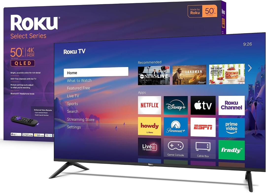 Roku Smart TV 2026 50-Inch Select Series, 4K QLED TV Roku TV with Voice Remote Flat Screen QLED Television with Wi-Fi for Streaming Live Local News, Sports, & Movies Bluetooth Headphone Mode