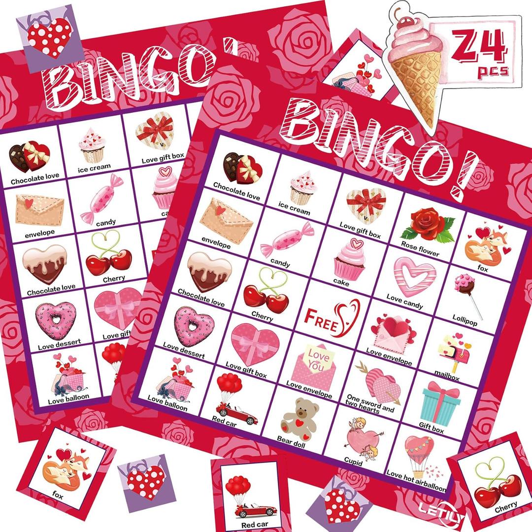 Bingo Cards Valentine Cards for Kids Adults-24 Players Valentine's Day Bingo Game for Kids Card Games School Classroom Games Birthday Party Favors Supplies Valentine Gifts for Boys Girls (Pink)