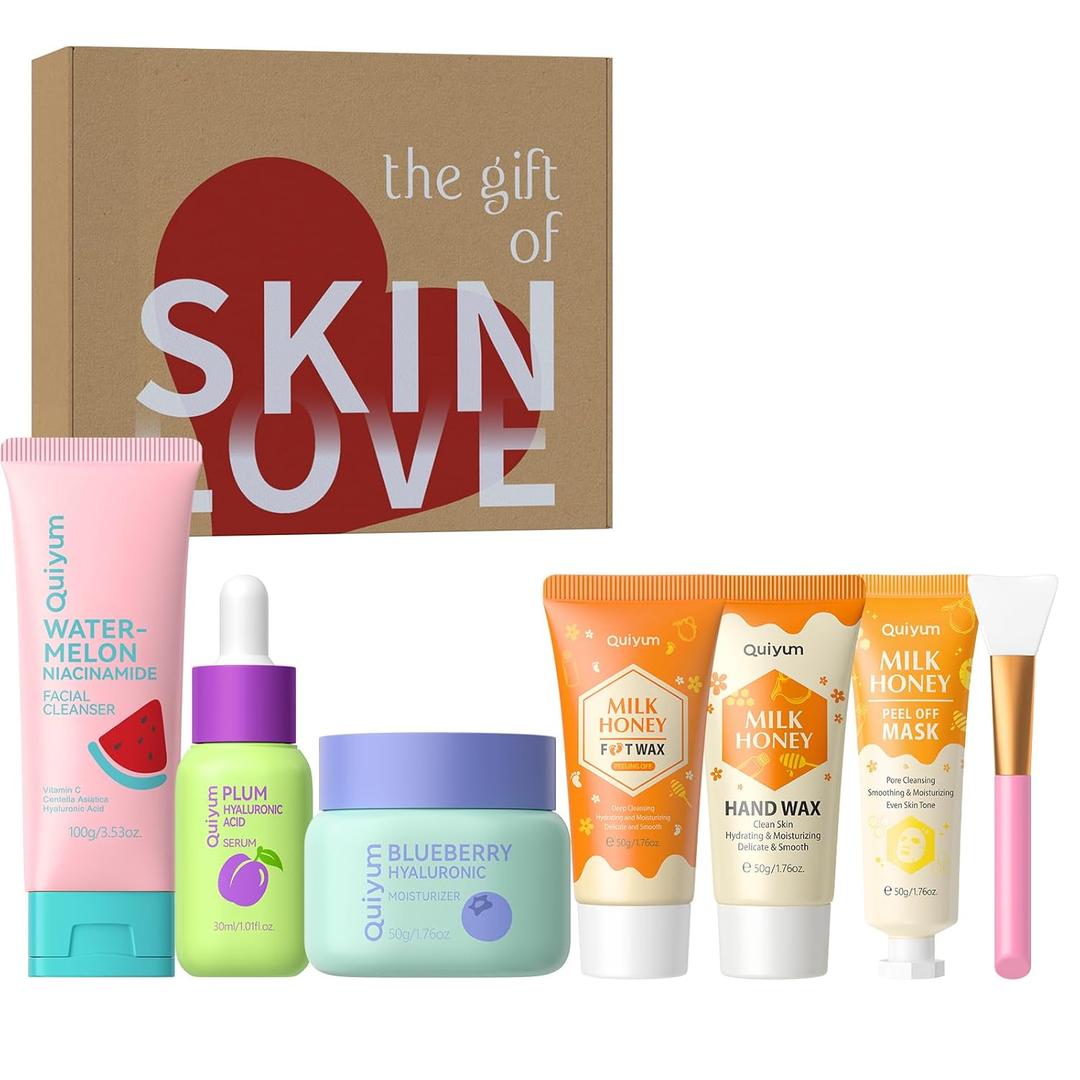6PCS Skincare - Skin Care Sets with Watermelon Cleanser, Plum Serum, Blueberry Moisturizer, Milk Honey Peel-Off Mask, Hand Wax, Foot Wax, Hydrating Cleansing Repairing, Ideal Gifts Sets (Fruit Self-Care)