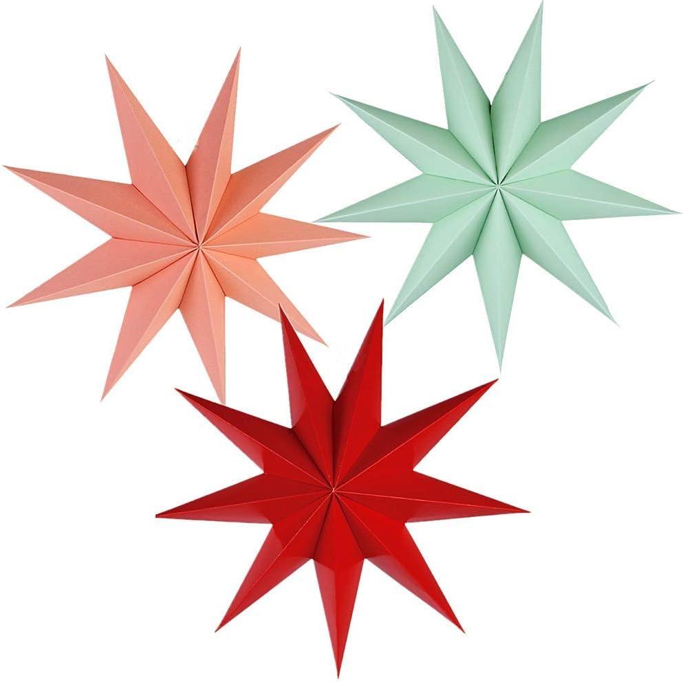 Kiddale 3 Pieces 3D 12" Large Paper Star Red Green Pink Hanging Paper Star Decorations for Weddings, Christmas Holiday, Girls Bedroom Decor, Birthday Party Celebration & Home Decoration
