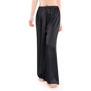 Wantschun Womens Wide Leg Pajama Pants Satin Silk Casual Loose Elastic Waist Lounge Pants Pj Bottoms, Black, M, 