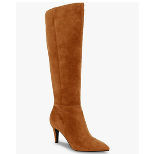 Coutgo Womens Wide Calf Knee High Boots Stiletto High Heel Pointed Toe Side Zipper Suede Long Boots Winter Shoes