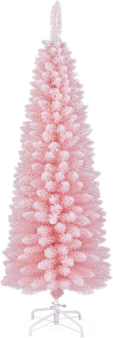 DORTALA 5 FT Pencil Christmas Tree Pink, Unlit Artificial Slim Xmas Full Tree with 328 Branch Tips, Folding Metal Stand, Flocked Skinny Decor Tree for Home Office Party