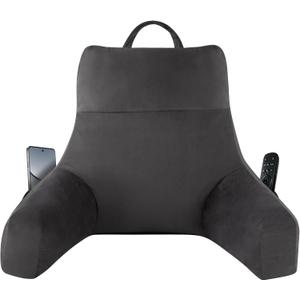 Reading Pillow with Arms for Adults, Back Pillow for Bed Sitting Up, Shredded Memory Foam Backrest Pillow with Pockets & Removable Washable Cover, Lounging, Watching TV, Reading(20inch Grey)