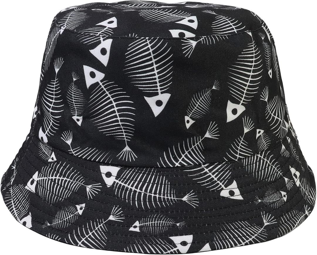 Reversible Bucket Hat for Men Women Summer Travel Beach Outdoor Fishing Hat 100% Cotton (One Size, J890-black-fish)