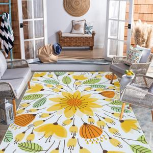 Lahome Floral Indoor Outdoor Rug, 6x9ft Non Slip Outdoor Patio Rug for Backyard Picnic, Soft Large Outdoor Camping Rugs for Balcony Deck, Washable RV Outdoor Rugs for Living Room Bedroom,Yellow