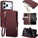 COBEAR for iPhone 17 Pro Max Case Wallet, Pu Leather Flip Phone Case with Wrist Strap, Zipper Pocket, Kickstand, Women Men Phone Wallet Case with Card Holder for iPhone 17 Pro Max,Wine Red
