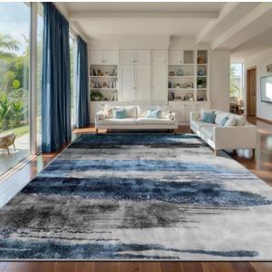 Ciicool Modern Abstract Deep Blue Gray Rug for Living Room, 9'x12' Machine Washable Area Rug Non-Slip Rug, Low-Pile Contemporary Indoor Dining Floor Carpet for Bedroom Office Under Table Home Decor