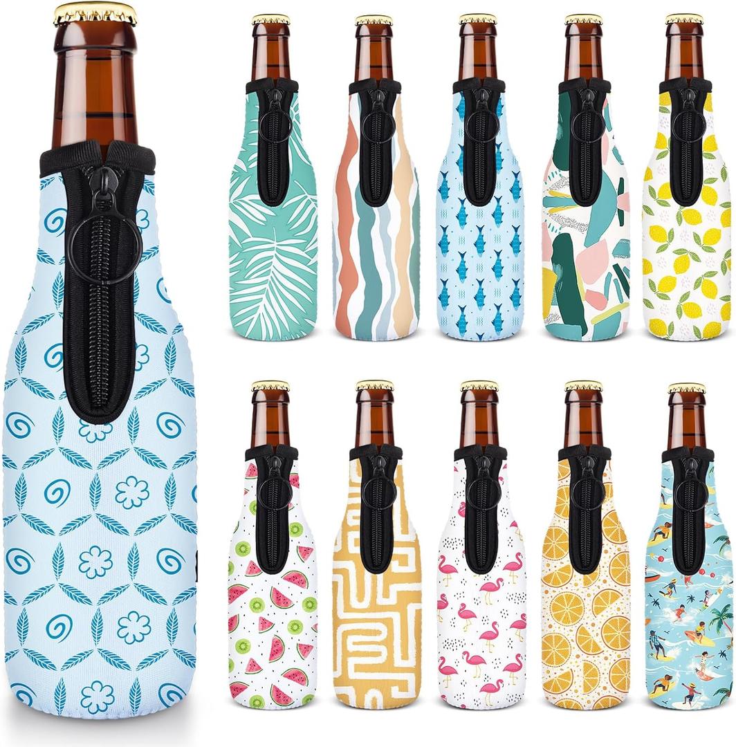 Summer Beer Bottle Insulator Sleeve Zip-up Bottle Jackets 12oz Non-slip Thick Neoprene Drink Cooler for Party Bulk, 11 Packs