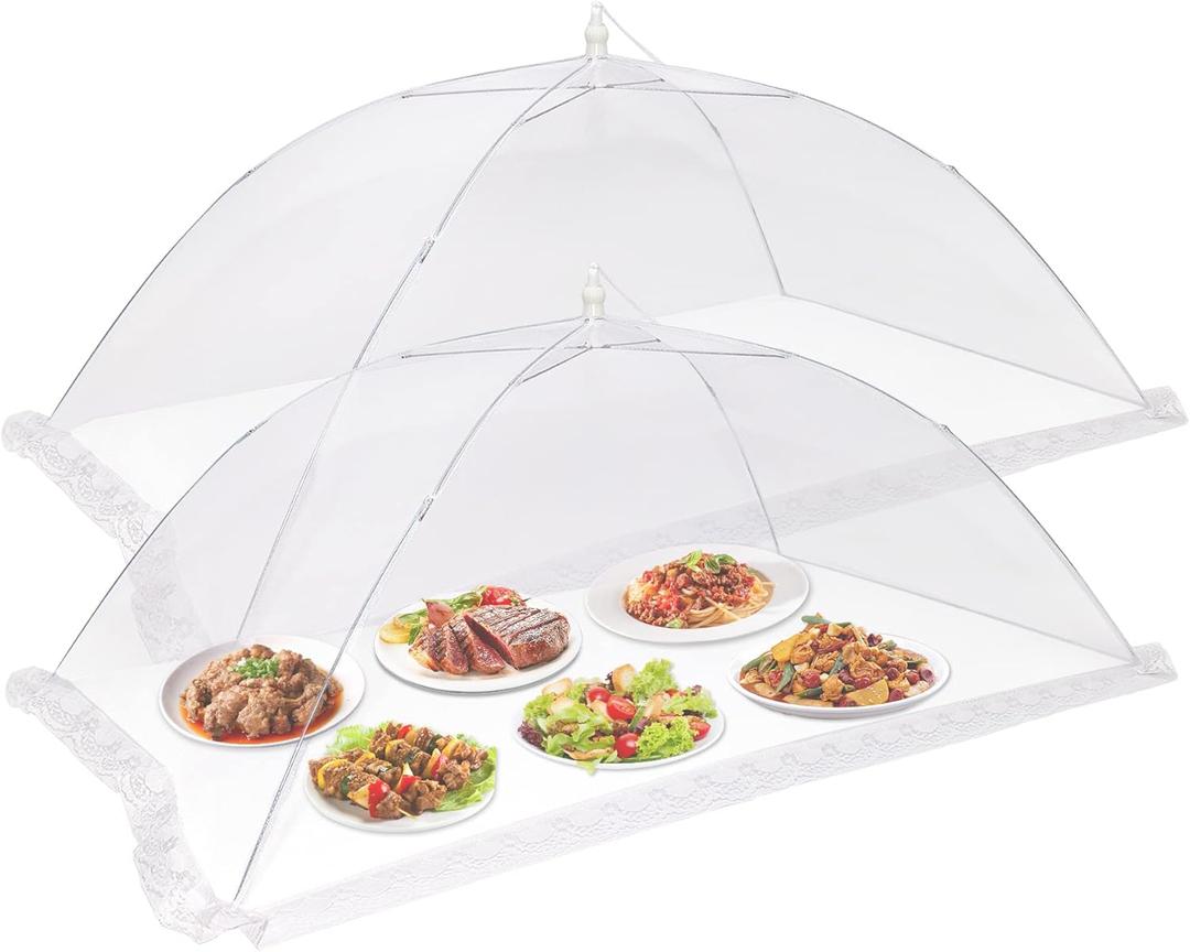 Food Cover Food Tent, Pop-Up Umbrella Screen Tents Large Mesh Food Covers Tent Perfect for Parties, picnics and Camping two LARGE 2ft x 3 1/2 ft laced edges six SMALL 14"x14" laced edges