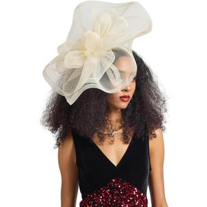 Tea Party Hat Fascinators Hats for Women Girls Elegant Kentucky Derby Hat Flower Feather Headband Outfits for Wedding Church (Beige)