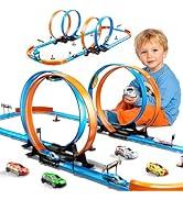 LILYBUDS Toy Car Track Gift Set for Boys Kids Age 3-5 4-7 8-12, Long Race Tracks with 4 Action Loops and 4 High-Speed Slot Die-Cast Race Cars, 35+ Pieces Race Tracks to Create Multiple Configurations