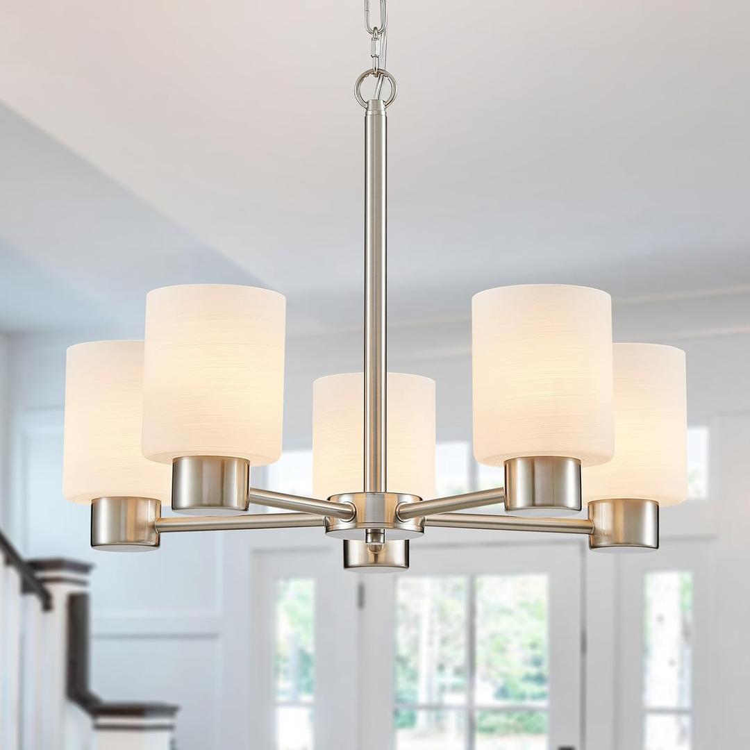 WUZUPS 5-Light Pendant Chandelier Light Frosted White Glass Shade with Grain Ceiling Lighting Elegant Modern Fixture Bathroom Kitchen Dining Room Entry Foyer, H 15.8" W21, E12 Base, Brushed Nickel
