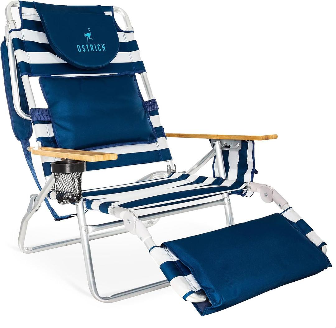 Ostrich the Deluxe 3N1 Lightweight Lawn Beach Reclining Lounge Chair with Footrest, Outdoor Furniture for Patio, Balcony, Backyard, or Porch, Blue Stripe, Large