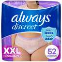 Always Discreet Adult Diapers for Women, Incontinence Underwear, Postpartum Essentials, Disposable Briefs, Max Absorbency, Bladder Leak Protection, 2XL / XXL, 52ct