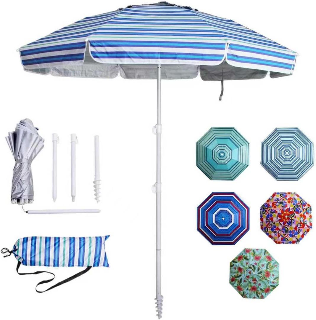 LOTTAFUN 6.5ft Beach Umbrella - Heavy Duty Wind Resistant UV 50+ Portable Sun Shade with Sand Anchor & Carry Bag, Outdoor Folding Umbrella for Beach, Pool, Patio, Garden (Blue diagonal strip) No Tilt