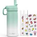 Kids Water Bottle, 16oz Kids Water Bottle with Stickers for School, insulated Stainless Steel Straw Cup(Green/White)