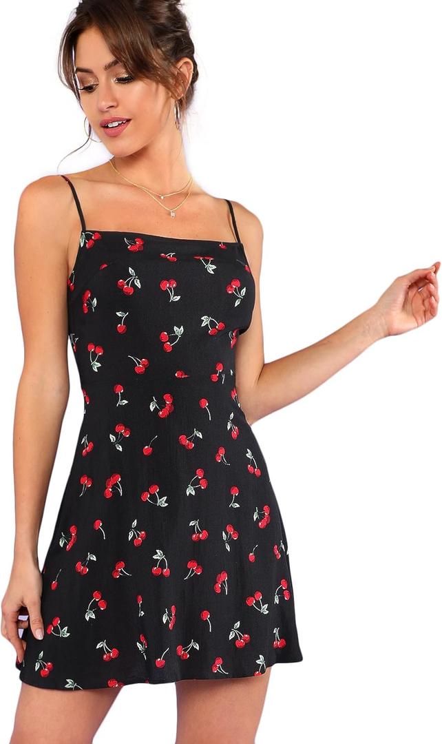 Floerns Women's Summer Floral Cherry Print A Line Short Cami Dress, XL