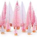 Leyndo 24 Pcs Pink White Artificial Mini Christmas Tree Xmas Sisal Bottle Brush Trees with Wood Base Christmas Decor for Xmas Party Table Top Winter Ornaments Home Kitchen Crafts