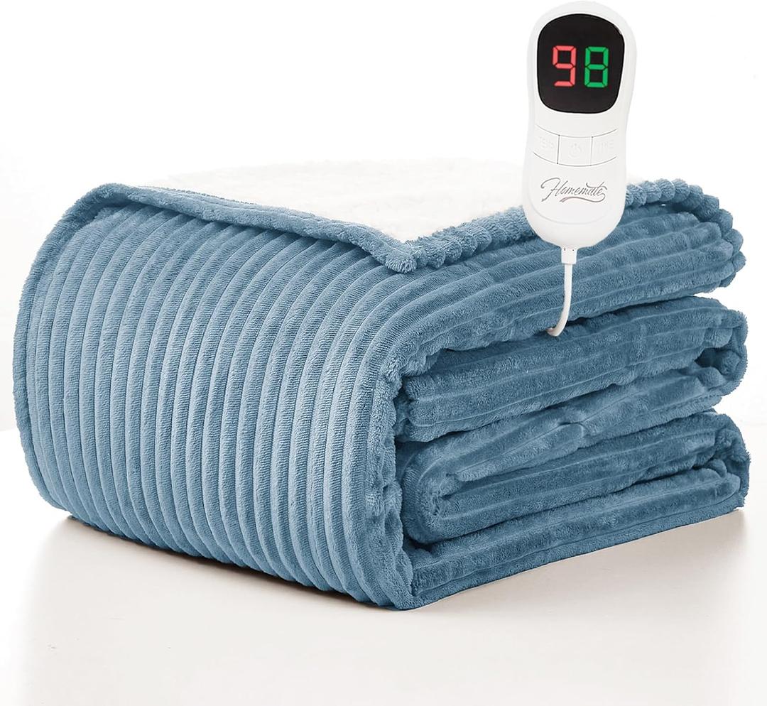 Homemate Heated Blanket Electric Throw - 50"x60" Heating Blanket Throw 1/2/4/6/8 Hours Auto-Off 10 Heat Levels Over-Heat Protection Soft Flannel Sherpa ETL Certification (11 - Light Blue (Striped))