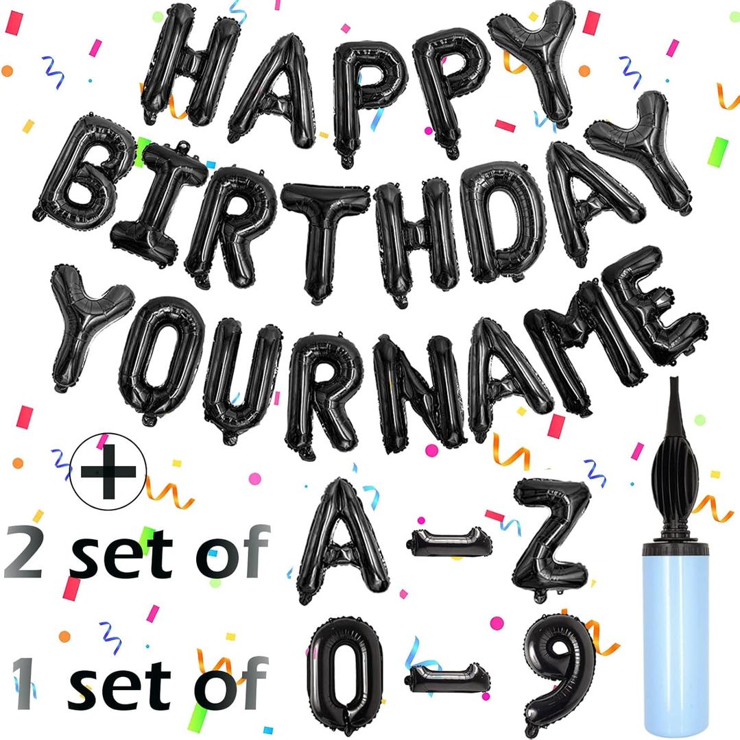 76pcs Happy Birthday Balloon Banner, Black Balloons Letters, Personalized 16" Mylar Foil Birthday Decorations includes 2 Sets A- Z, 1 Set Number 0-9 and "HAPPY BIRTHDAY" Letters (with Balloon Pump)