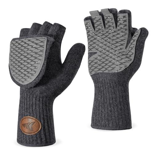 KastKing Bully Wooly Convertible Mittens – Premium Wool Fingerless Fishing Gloves with Magnetic Flip-Top, Fleece Lining, Non-Slip Grip, Extra-Long Cuff, 4-Way Stretch, Cold Weather Winter Gear, Size L/XL