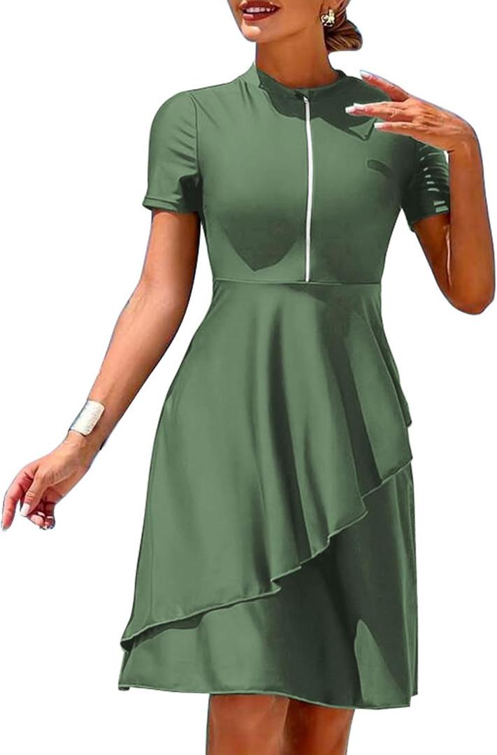 ZAFUL Women's Rash Guard Short Sleeve 2 Piece Modest Swim Dress with Shorts, Large