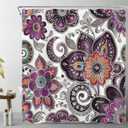 LB Bohemian Paisley Floral Shower Curtain Purple and Black Flower Pattern Boho Bathroom Shower Curtain Retro Abstract Bathroom Curtain with Hooks 72Lx72W Inch Polyester Fabric Bath Curtain (Grey)