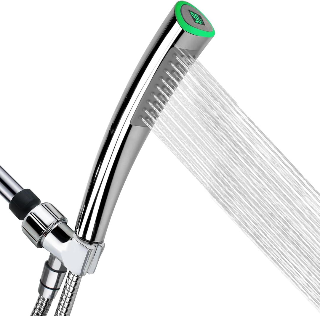 YOO.MEE LED Thermometer Handheld Shower Heads, Water Powered Light to Display Fahrenheit, Special for Skin Showering, Child and Pet Shower, Shower Accessories w/ 79'' Hose, Bracket, Polished Chrome