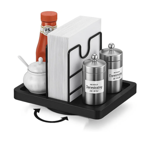 Lazy Susan Napkin Holder, 360° Rotating Napkin Holders Metal Dining Napkin Dispenser Fit Salt and Pepper Shakers Condiment Holder, Standing Paper Napkin Storage for Kitchen, Black