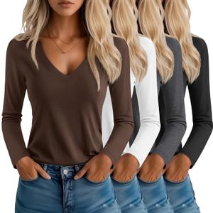 Neer 4 Pack Women's T-Shirts V Neck Long Sleeve Casual Tops Loose Fit Basic Layering Shirts Straight Hem Plain Soft Tees (Black, Brown, Dark Gray, White)