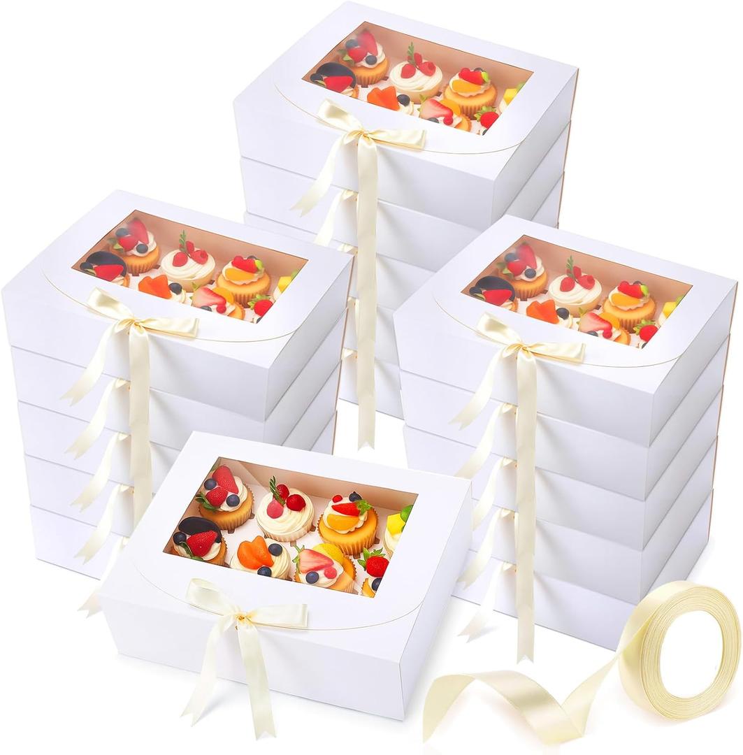 20 Pack Cupcake Boxes Hold 12 Standard Cupcakes, 12 Count Cupcakes Boxes, Food Grade Cupcake Holders with Window and Ribbon for Desserts Birthday Holiday Party Supplies, 13'' x 10'' x 3.5''