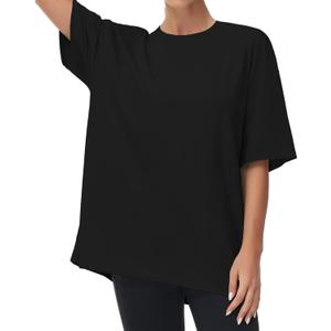 THE GYM PEOPLE Women's Casual Oversized T-Shirts Summer Crewneck Short Sleeve Workout Basic Tee Tops, Large, Black