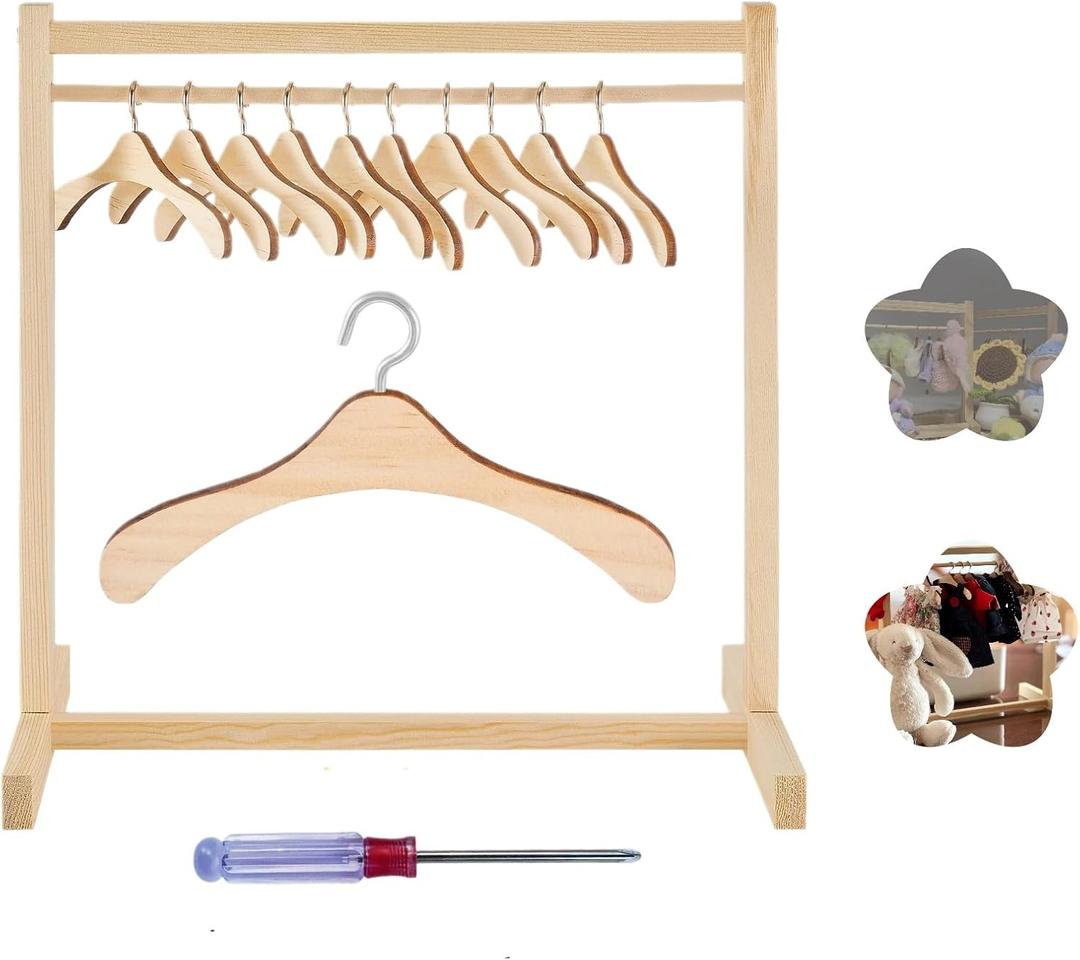 12 Pcs Doll Garment Rack - with Wooden Clothes Hanger, 18 CM Girl Mini Closet Clothes Hanger, Suitable for Doll Party Supplies, Doll Clothing Storage Accessories (Wood)