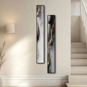 Framed Long Narrow Abstract Vertical Wall Art, Gray and Gold, Set of 2, 56"L x 8"W