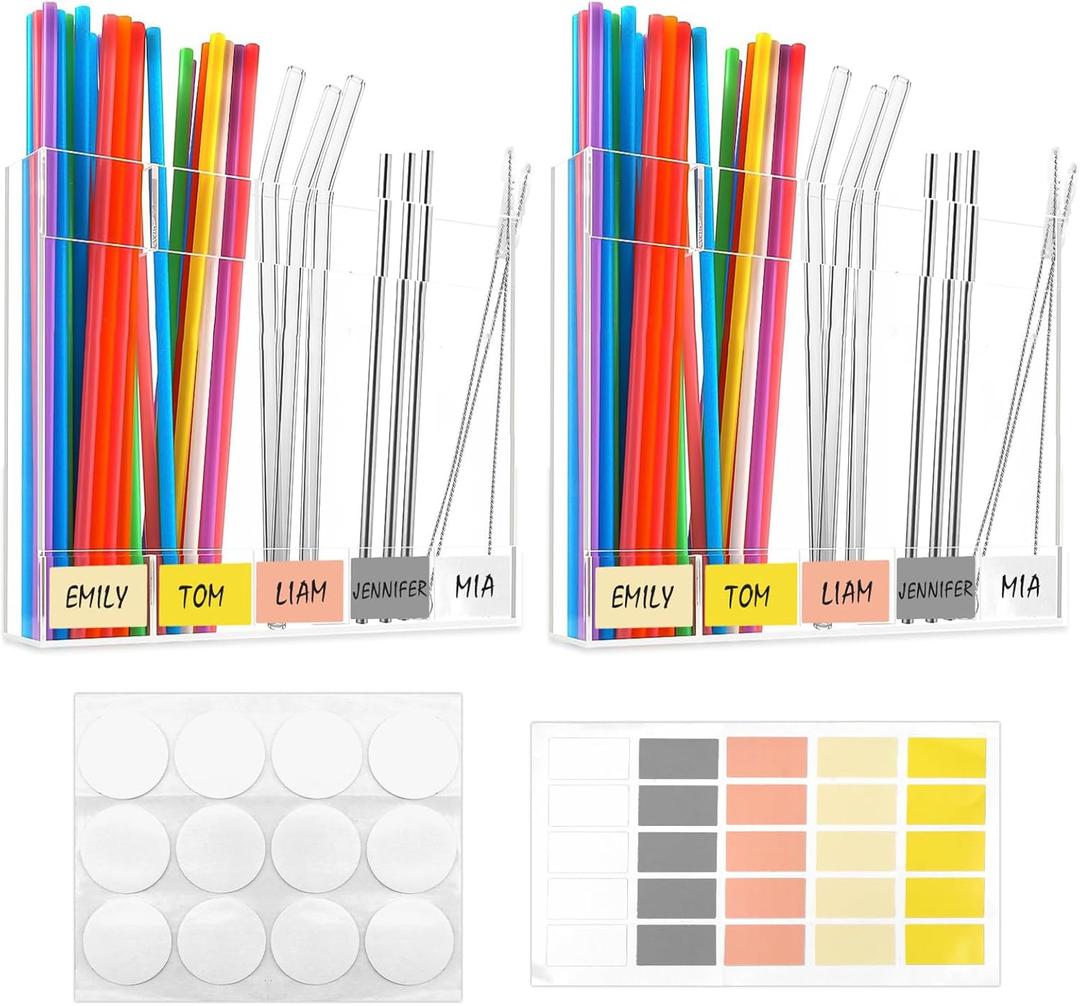 2 Pack Large Acrylic Straw Holder for Cabinet, Straw Organizer with 12 Double-sided Tape and 25 Colorful Labels, Glass Straw Storage for Kitchen Cabinets,Reusable Straw Dispenser for Counter.