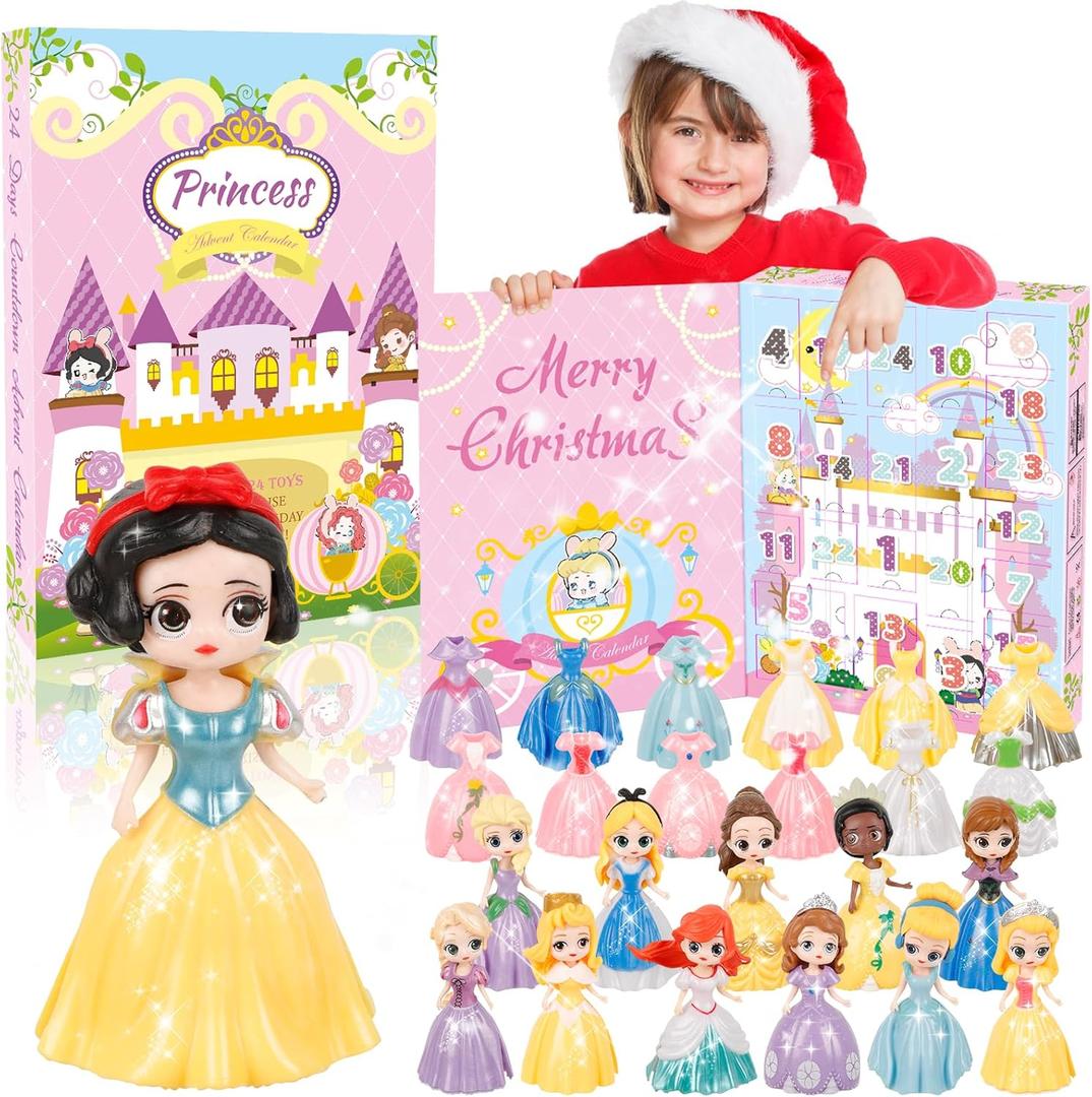 Princess Advent Calendar 2025 for Girls, 24 Pack PrincessTransformable and Clothes Calendars Xmas Gifts, 24 Days Countdown to Christmas for Girls Xmas Play Party Favor