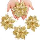 GREENTIME 12 Pcs Glitter Poinsettia 5.5" Artificial Flowers Christmas with Clips Stems Xmas Tree Ornaments for New Year Party Stairs Fireplace Porch Balcony Garden Church Wreath Decoration (Golden)