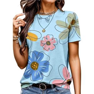 Flamingals Womens Tops Short Sleeve Shirts Round Neck Cute Graphic Tees Dressy Casual Blouses Summer Fashion (Blue, M)