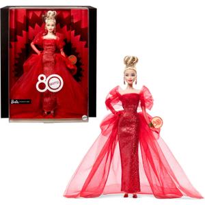 Barbie Signature Doll, Mattel 80th Anniversary Collectible in Glittery Red Tulle Gown with Drop Earrings and Sheer Gloves, Blonde Hair Barbie Signature Doll, Mattel 80th Anniversary Collectible in Glittery Red Tulle Gown with Drop Earrings and Sheer Gloves, Blonde Hair