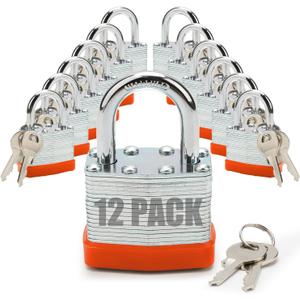Lock Outdoor Padlocks, Laminated Orange keyed Padlock, 1-9/16 in Wide Body, Padlock Set with Keys (12 Pack)