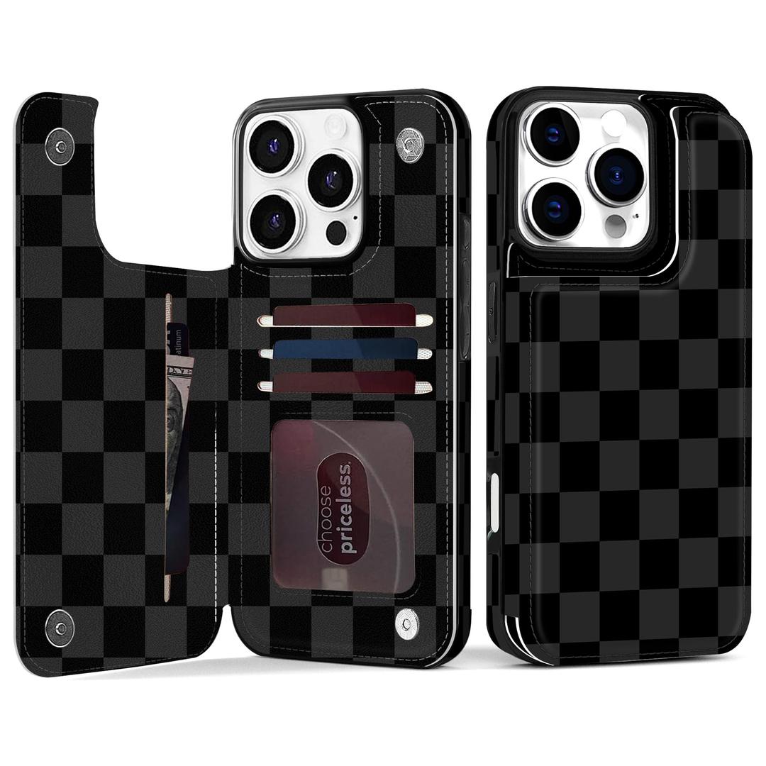 TopPerfekt for iPhone 16 Pro Max Case Wallet with Card Holder, Flip PU Leather Built-in Card Slots, Double Magnetic Clasp and Durable Shockproof for iP16 Pro Max 6.9 inch Women Men- Checkered (Black)