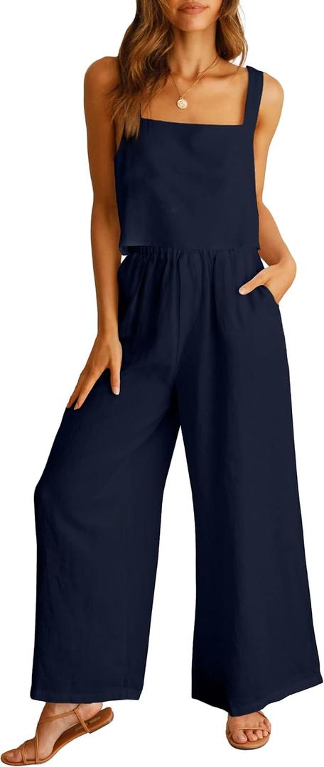 Prinbara Women's 2 Piece Outfits Lounge Sets Sleeveless Square Neck Linen Tank Crop Top Wide Leg Pants Matching Sets (Large, Navy Blue)